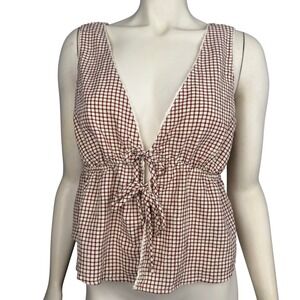 RSQ Tank Top XL Tie‎ Front Baby Doll Red White Gingham Plaid Sleeveless Western